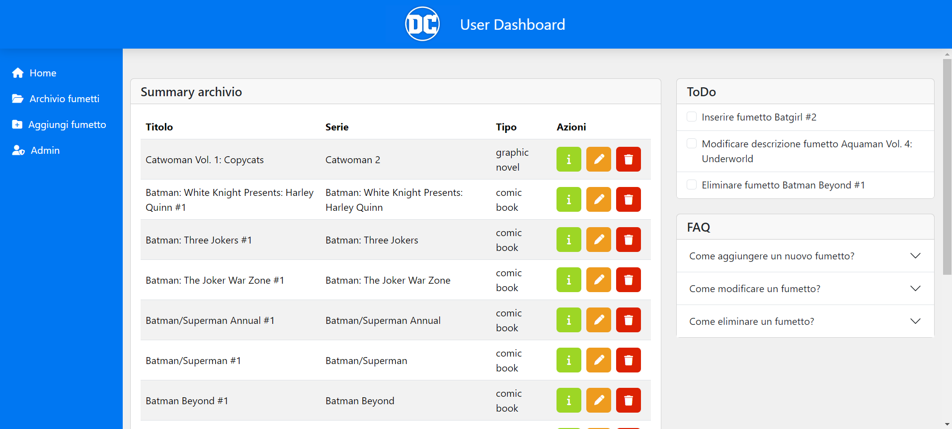DC Comics dashboard